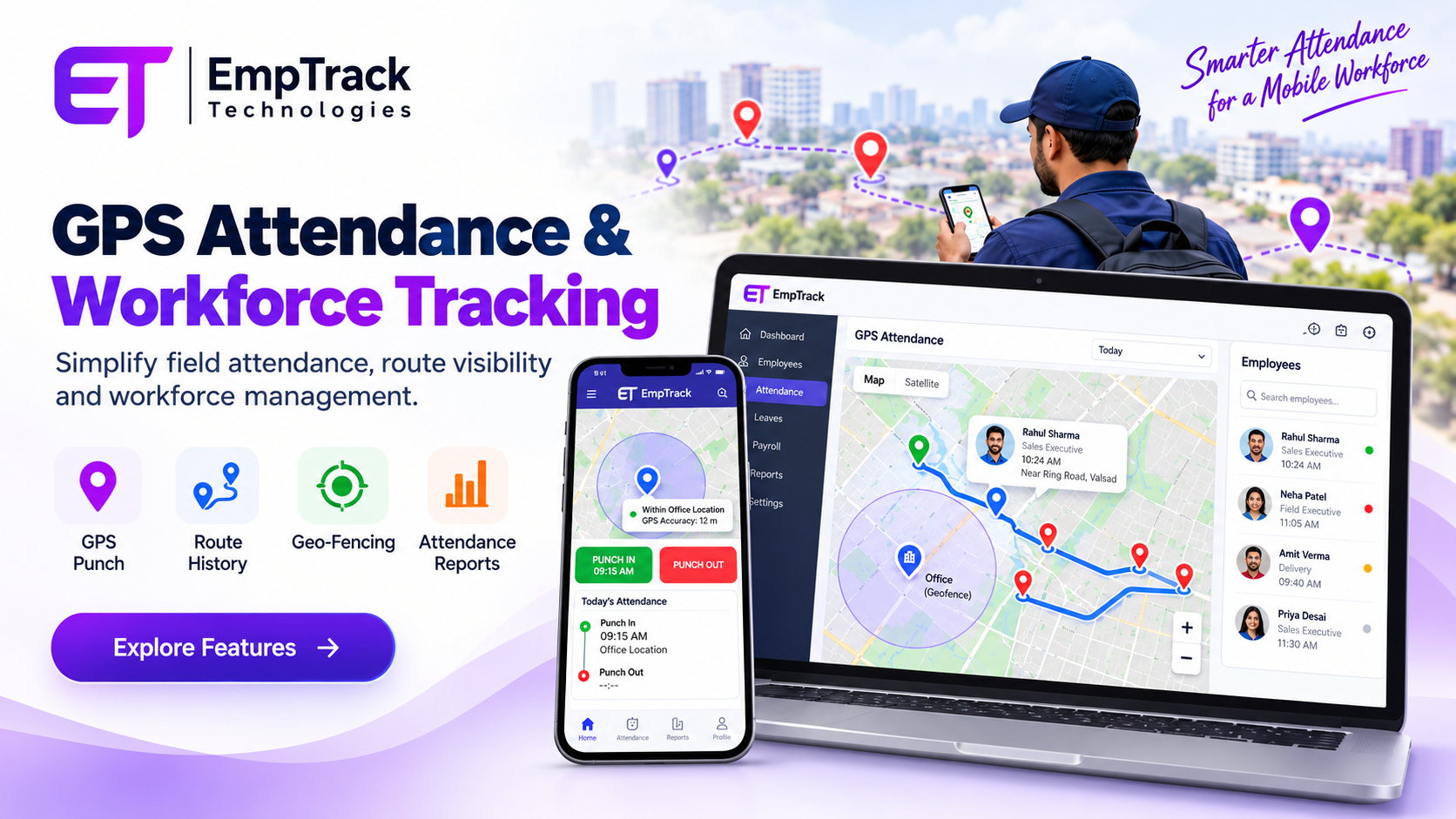 EmpTrack Mobile App for GPS Attendance, Geofencing, and Real-Time Workforce Route Tracking